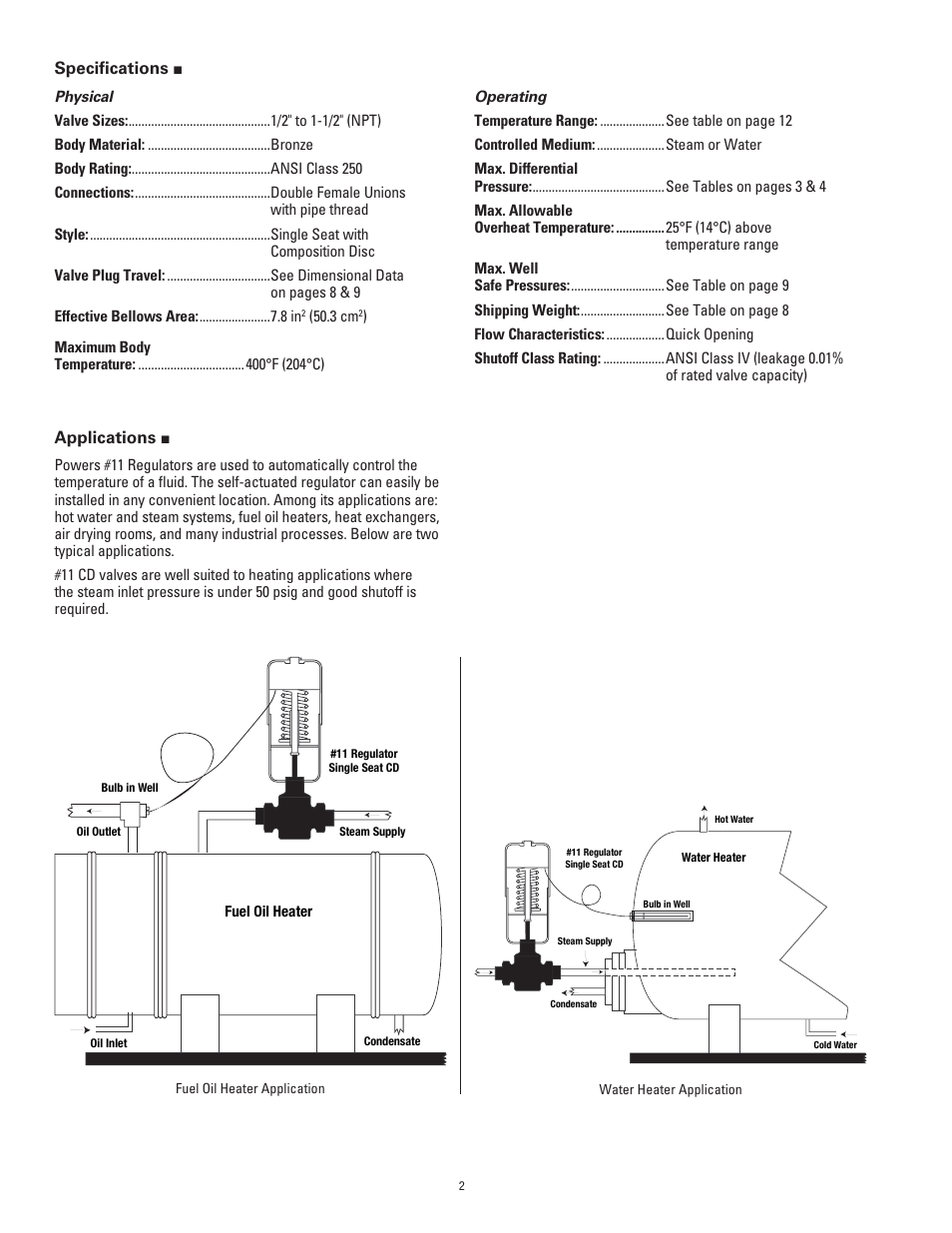 Speciﬁ cations, Applications | Powers 595 Series 11 Self-Operating Temperature Regulators - Type CD Composition Disc User Manual | Page 2 / 16