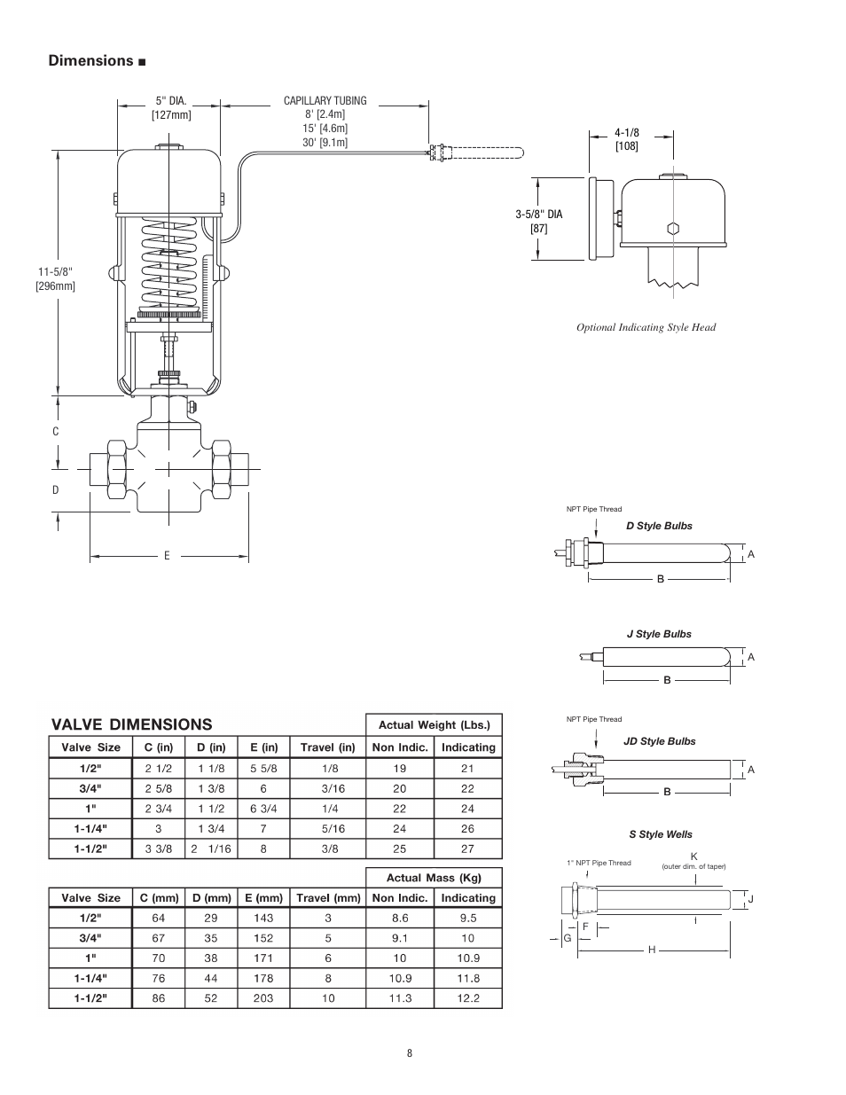 Dimensions | Powers 595 Series 11 Self-Operating Temperature Regulators - Type CD Composition Disc User Manual | Page 8 / 16