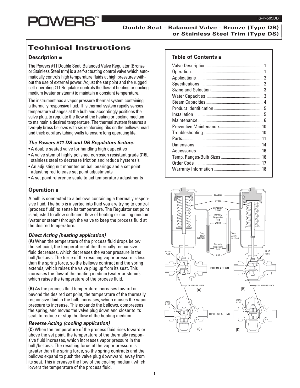 Powers 595 Series 11 Self-Operating Temperature Regulators - Type DB & DS Double Seat, Balanced User Manual | 20 pages