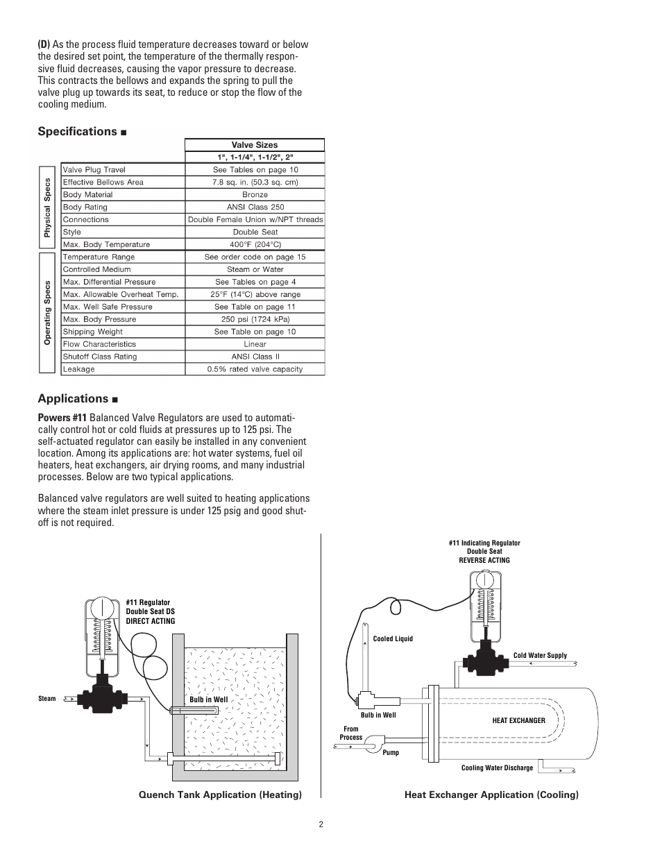 Applications, Speciﬁ cations | Powers 595 Series 11 Self-Operating Temperature Regulators - Type DB & DS Double Seat, Balanced User Manual | Page 2 / 20
