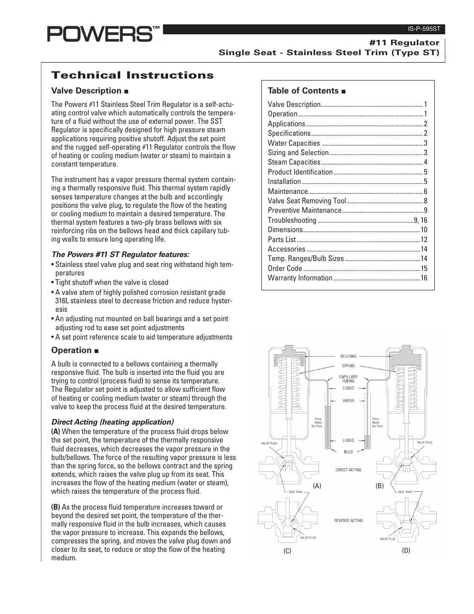 Powers 595 Series 11 Self-Operating Temperature Regulators - Type ST Stainless Trim User Manual | 16 pages