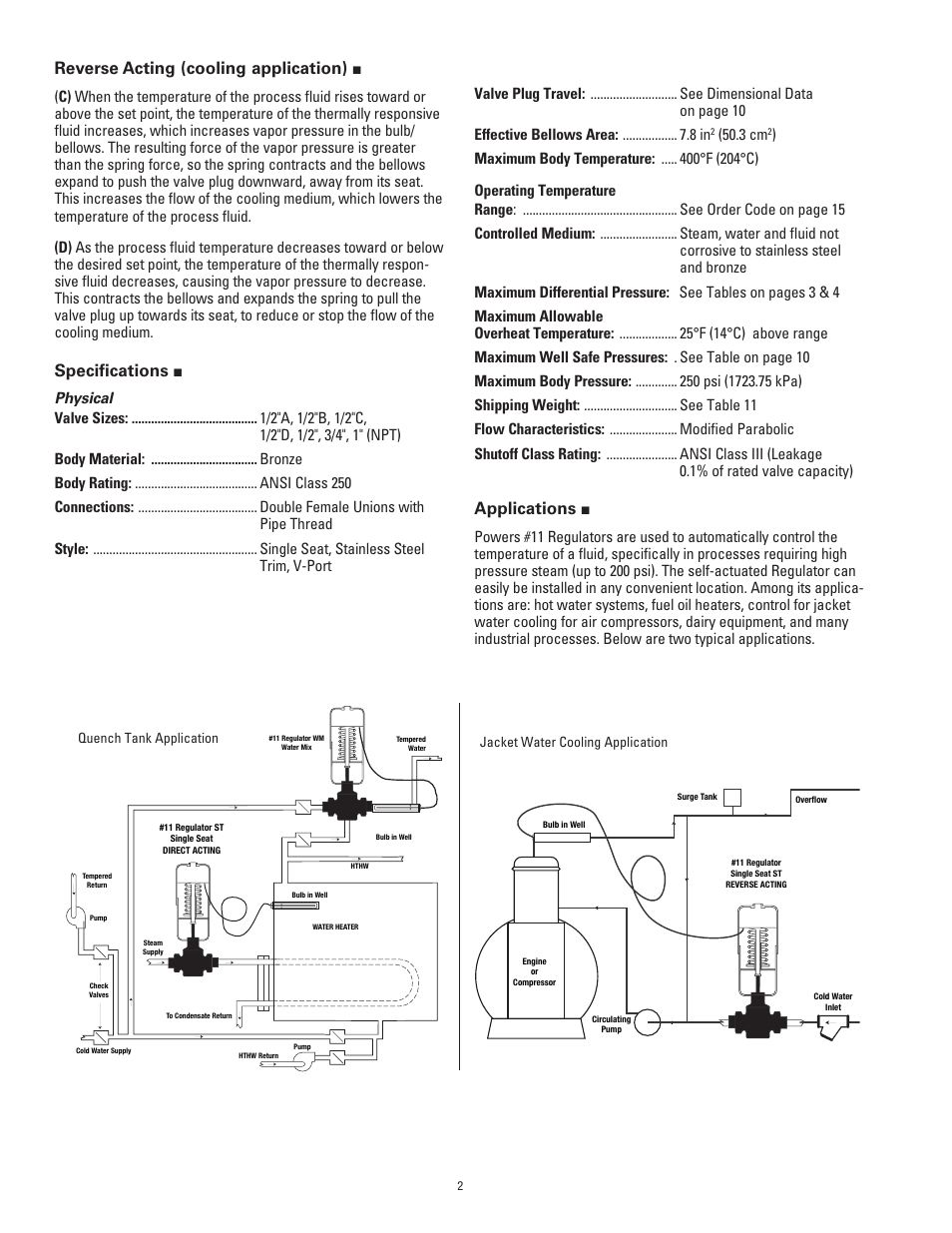 Reverse acting (cooling application), Speciﬁ cations, Applications | 3 cm | Powers 595 Series 11 Self-Operating Temperature Regulators - Type ST Stainless Trim User Manual | Page 2 / 16
