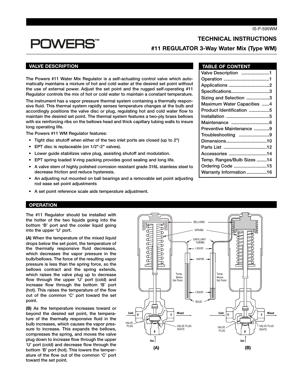 Powers 595 Series 11 Self-Operating Temperature Regulators - Type WM 3-Way Water Mix User Manual | 16 pages