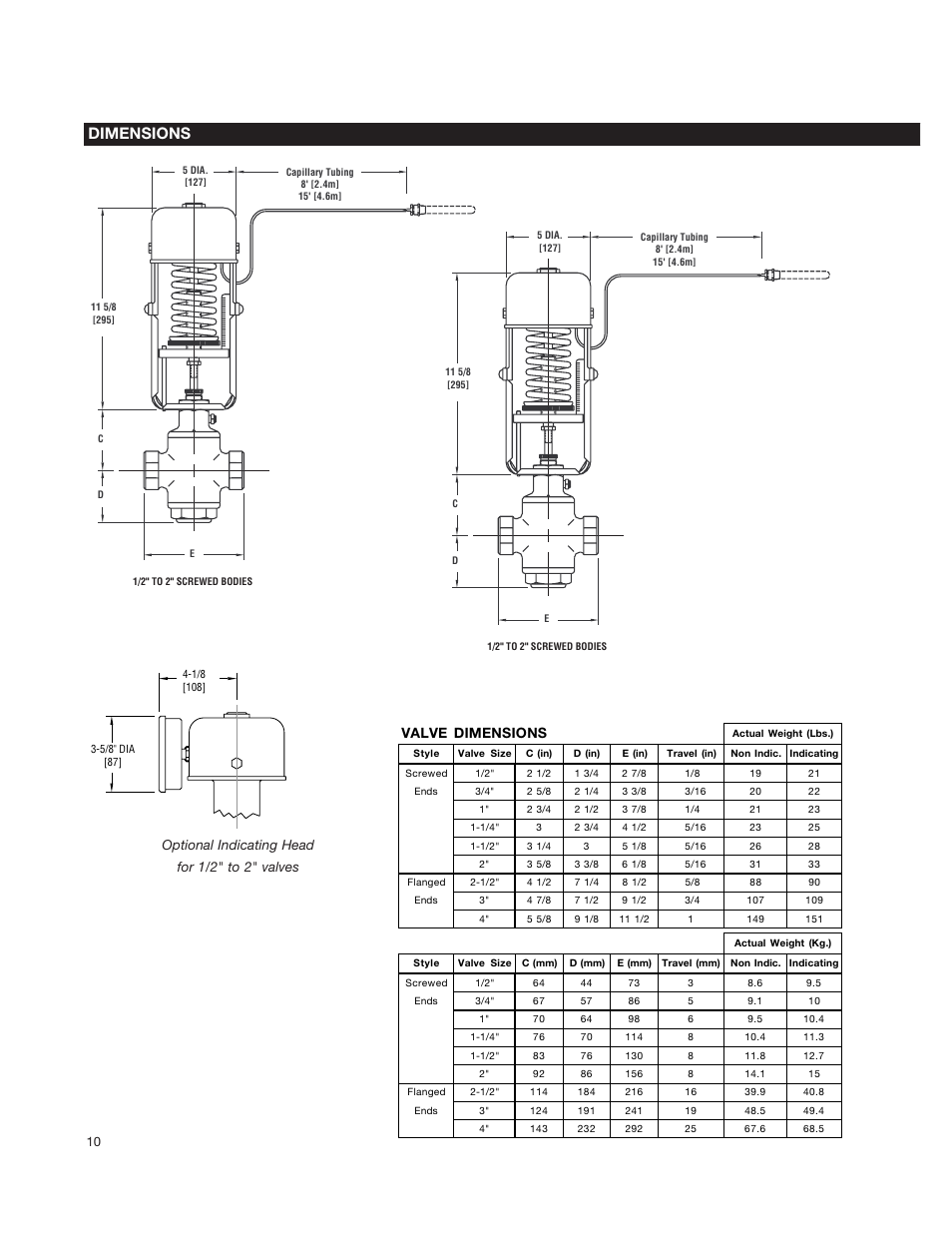 Dimensions, Valve dimensions | Powers 595 Series 11 Self-Operating Temperature Regulators - Type WM 3-Way Water Mix User Manual | Page 10 / 16