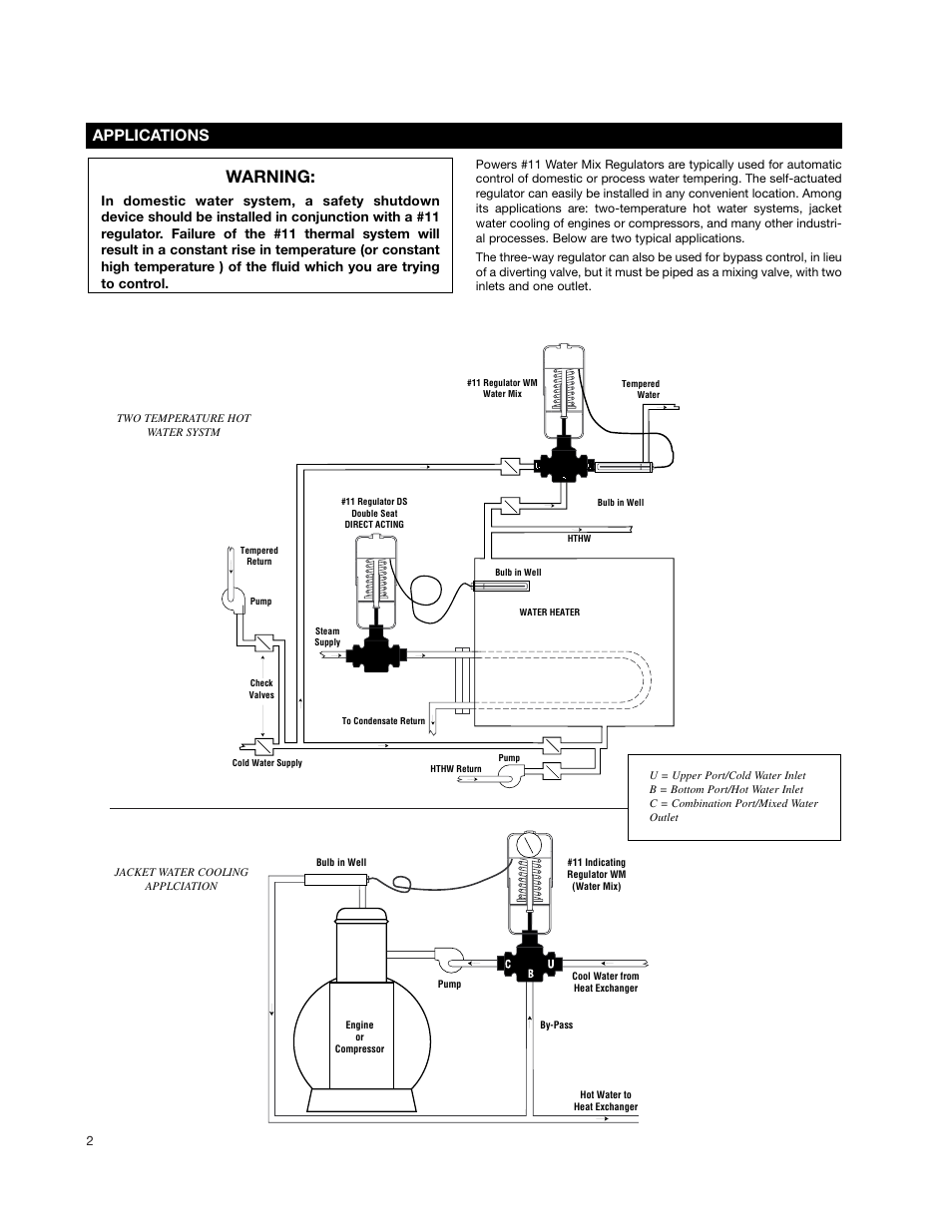 Warning, Applications | Powers 595 Series 11 Self-Operating Temperature Regulators - Type WM 3-Way Water Mix User Manual | Page 2 / 16