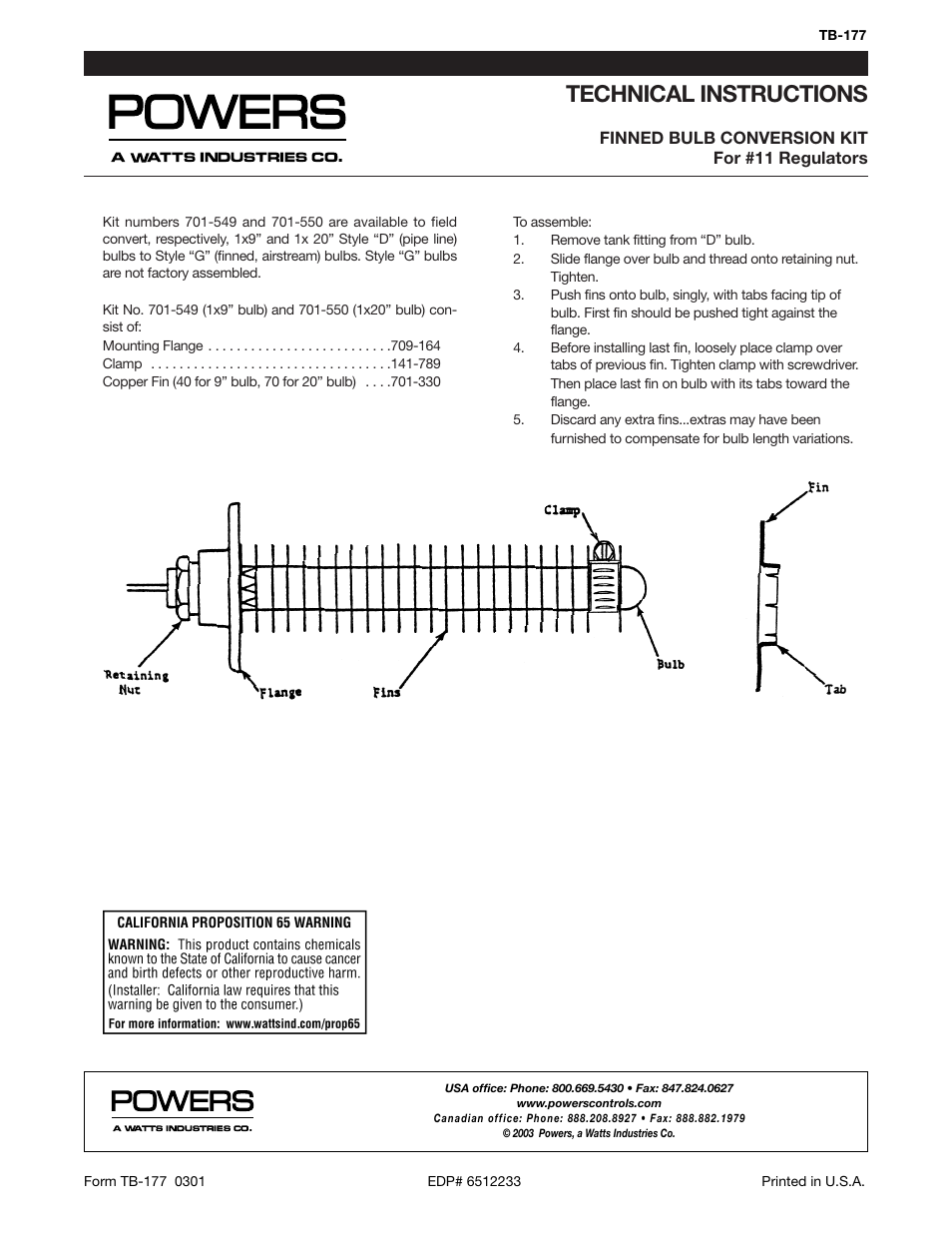 Powers 595 Series 11 Self-Operating Temperature Regulators - Finned Bulb Conversion Kit User Manual | 1 page