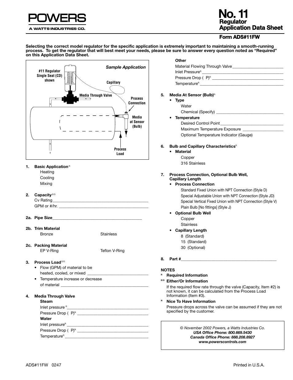 Powers 595 Series 11 Self-Operating Temperature Regulators - Sizing Worksheet User Manual | 2 pages