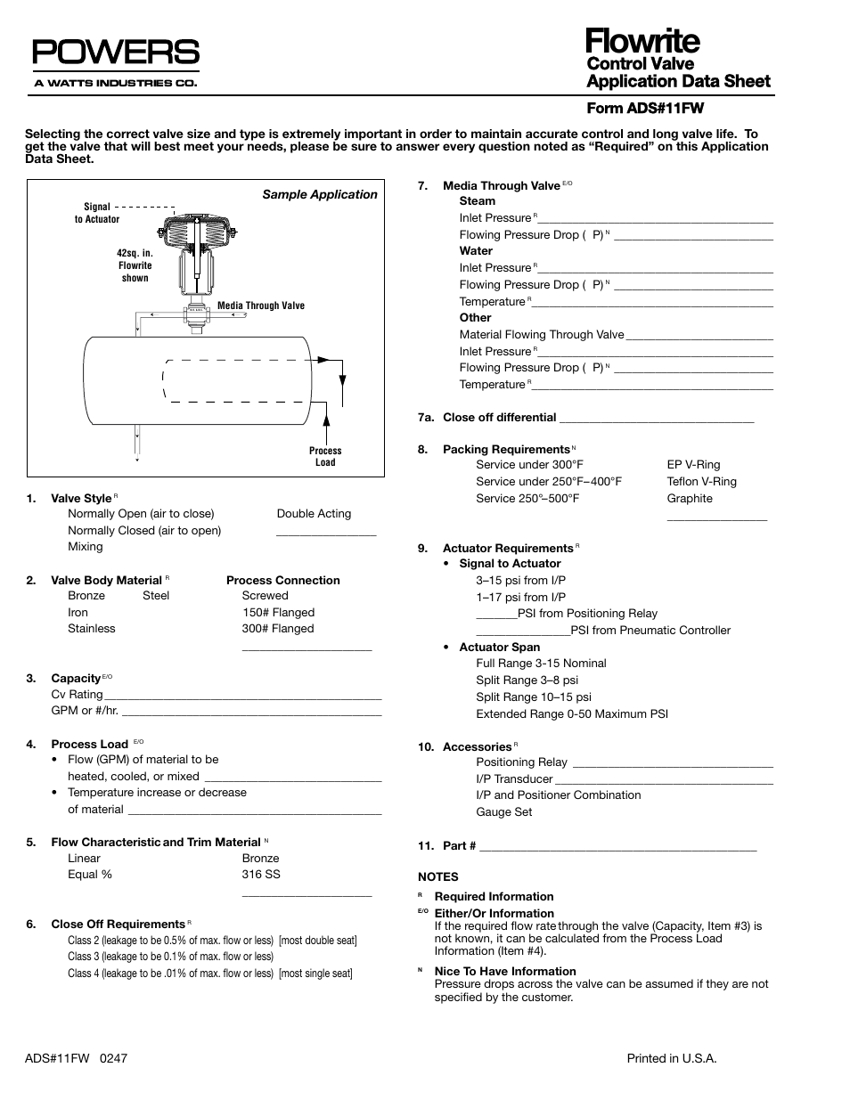 Flowrite, Control valve application data sheet, Form ads#11fw | Powers 595 Series 11 Self-Operating Temperature Regulators - Sizing Worksheet User Manual | Page 2 / 2