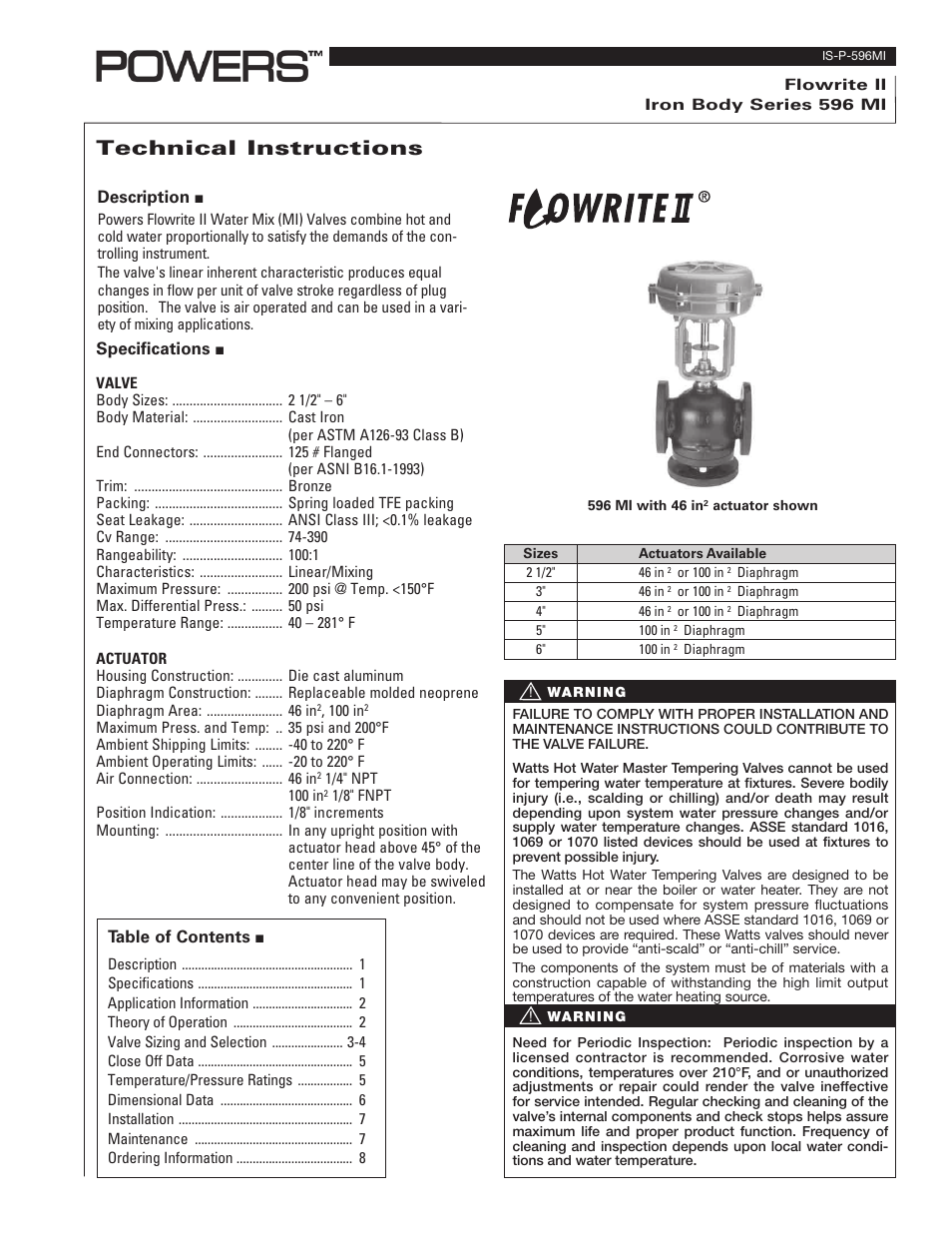 Powers 596 Series Flowrite II Heavy Duty Control Valves - Type MI Mixing User Manual | 8 pages