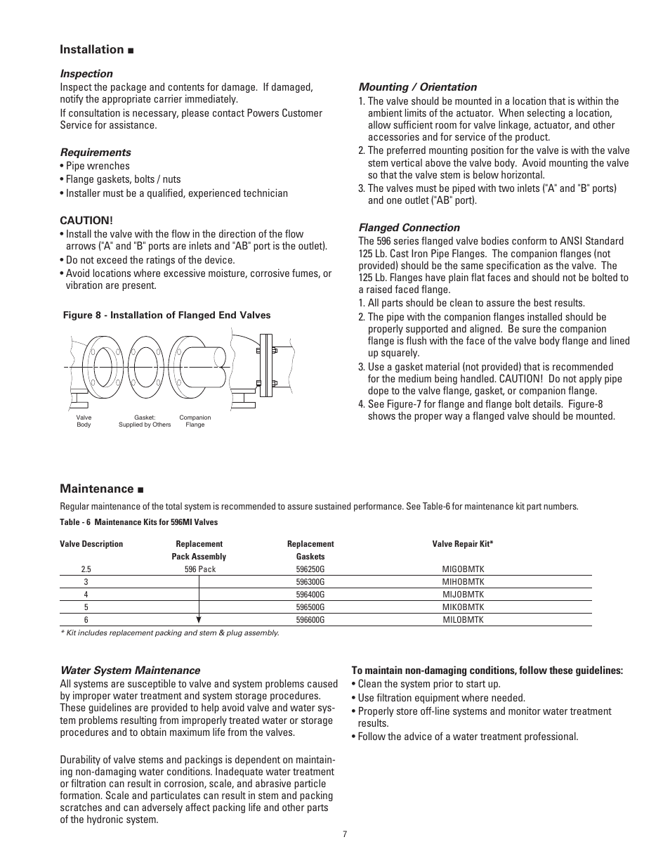 Installation, Maintenance | Powers 596 Series Flowrite II Heavy Duty Control Valves - Type MI Mixing User Manual | Page 7 / 8