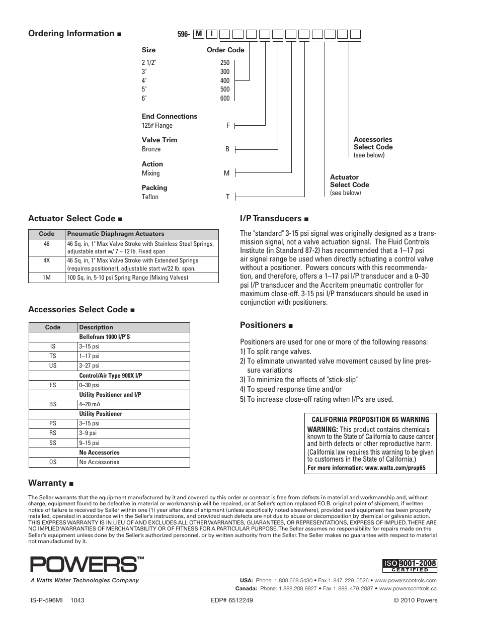 Warranty, Ordering information, Accessories select code | I/p transducers, Positioners, Actuator select code | Powers 596 Series Flowrite II Heavy Duty Control Valves - Type MI Mixing User Manual | Page 8 / 8