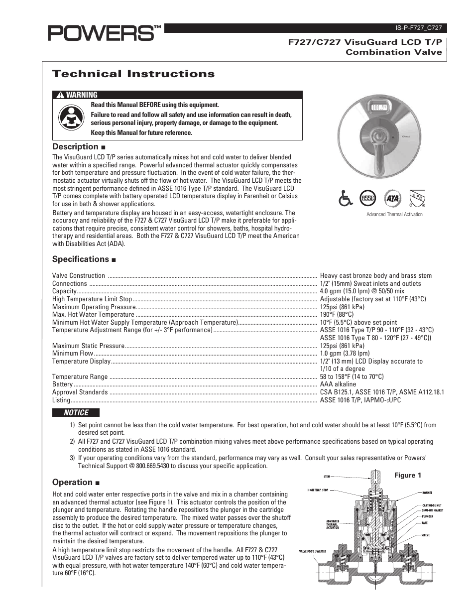 Powers 720 Series VisuGuard T/P Combination Tempering Valve with LCD Temperature Display User Manual | 4 pages