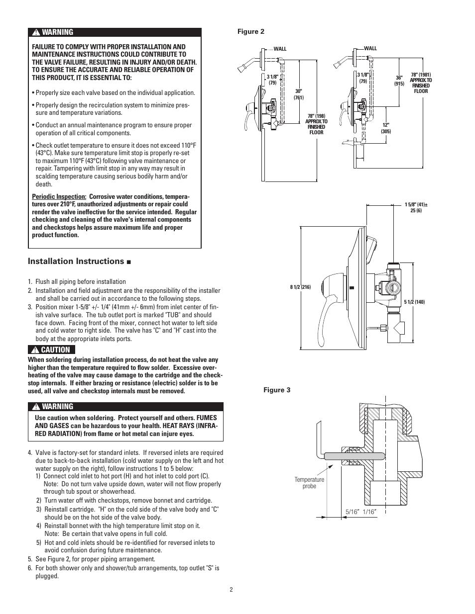 Installation instructions, Warning, Caution | Powers 720 Series VisuGuard T/P Combination Tempering Valve with LCD Temperature Display User Manual | Page 2 / 4