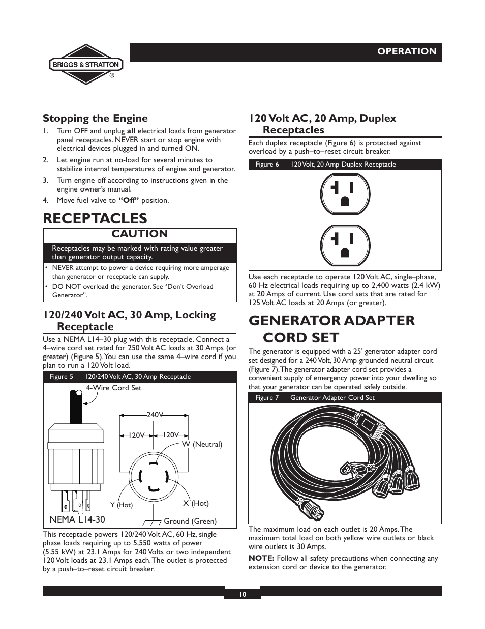 Receptacles, Generator adapter cord set, Stopping the engine | Caution | Briggs & Stratton 30246 User Manual | Page 10 / 44