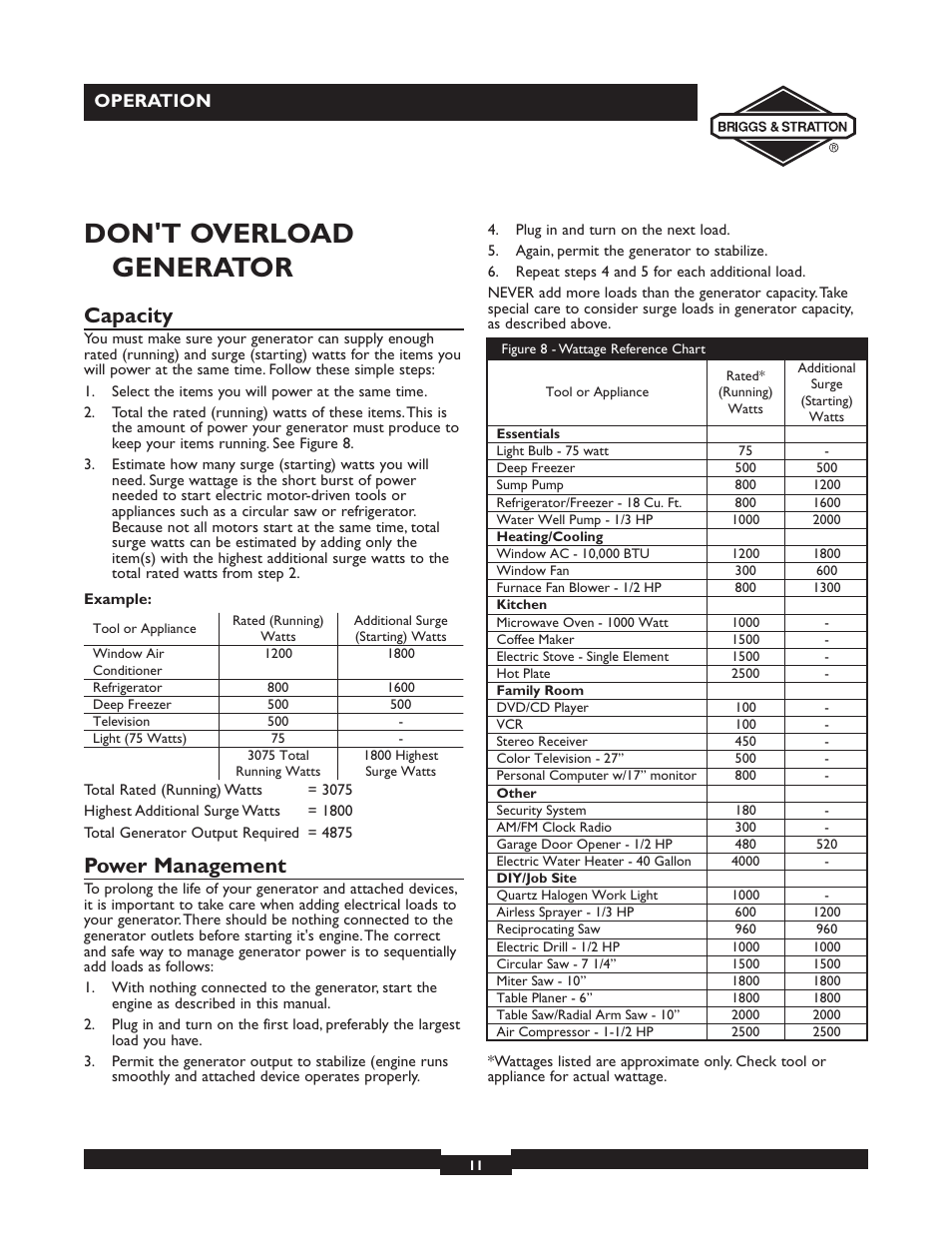 Don't overload generator, Capacity, Power management | Operation | Briggs & Stratton 30246 User Manual | Page 11 / 44