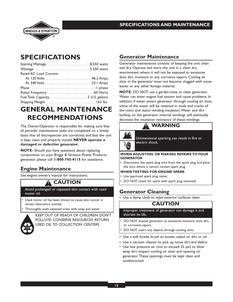Specifications, General maintenance recommendations, Engine maintenance | Generator maintenance, Generator cleaning, Caution, Warning | Briggs & Stratton 30246 User Manual | Page 12 / 44