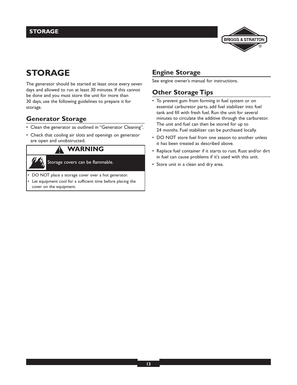 Storage, Generator storage, Engine storage | Other storage tips, Warning | Briggs & Stratton 30246 User Manual | Page 13 / 44
