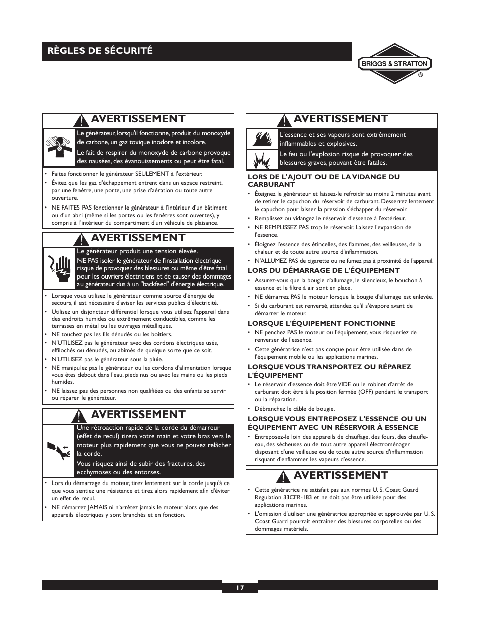 Avertissement, Règles de sécurité | Briggs & Stratton 30246 User Manual | Page 17 / 44
