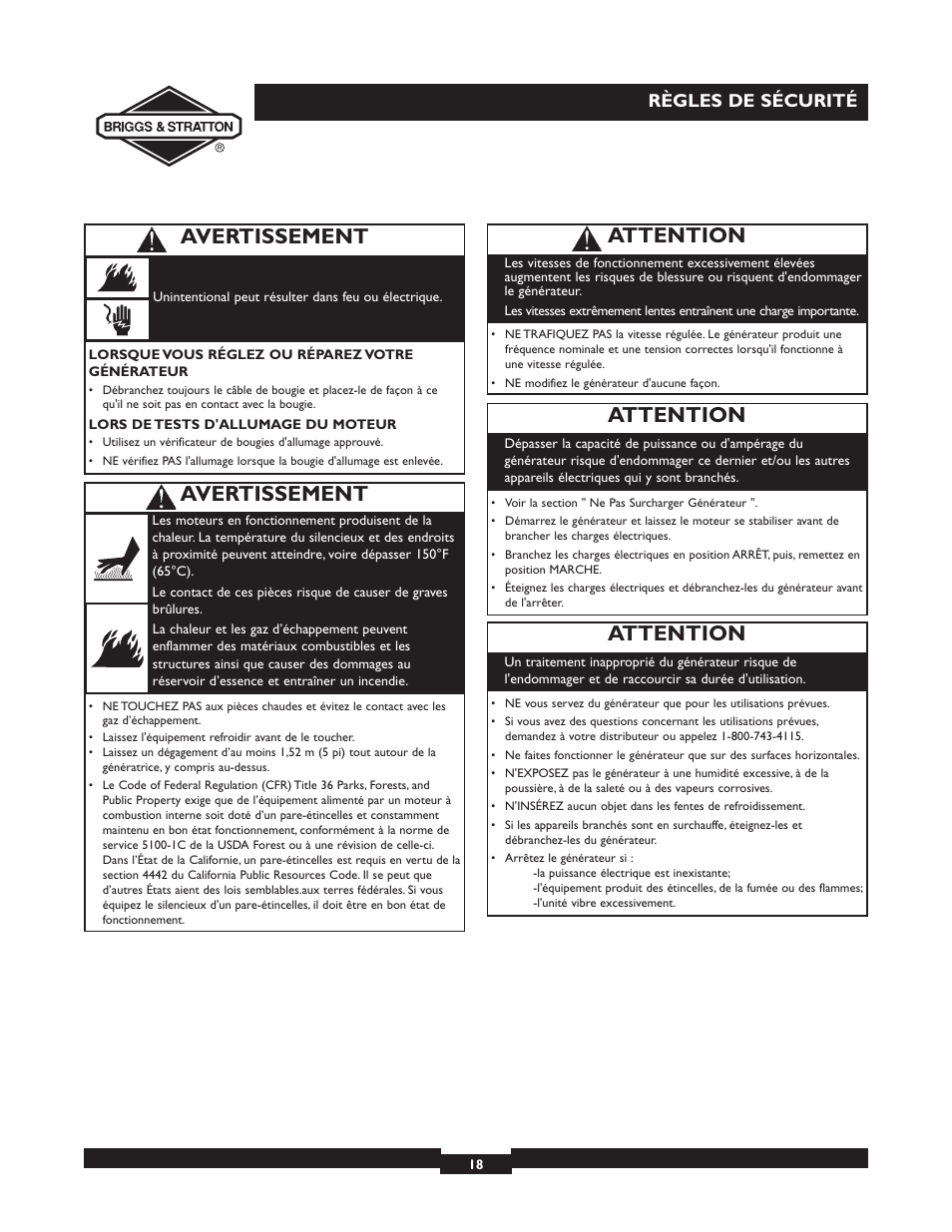 Attention, Avertissement, Règles de sécurité | Briggs & Stratton 30246 User Manual | Page 18 / 44