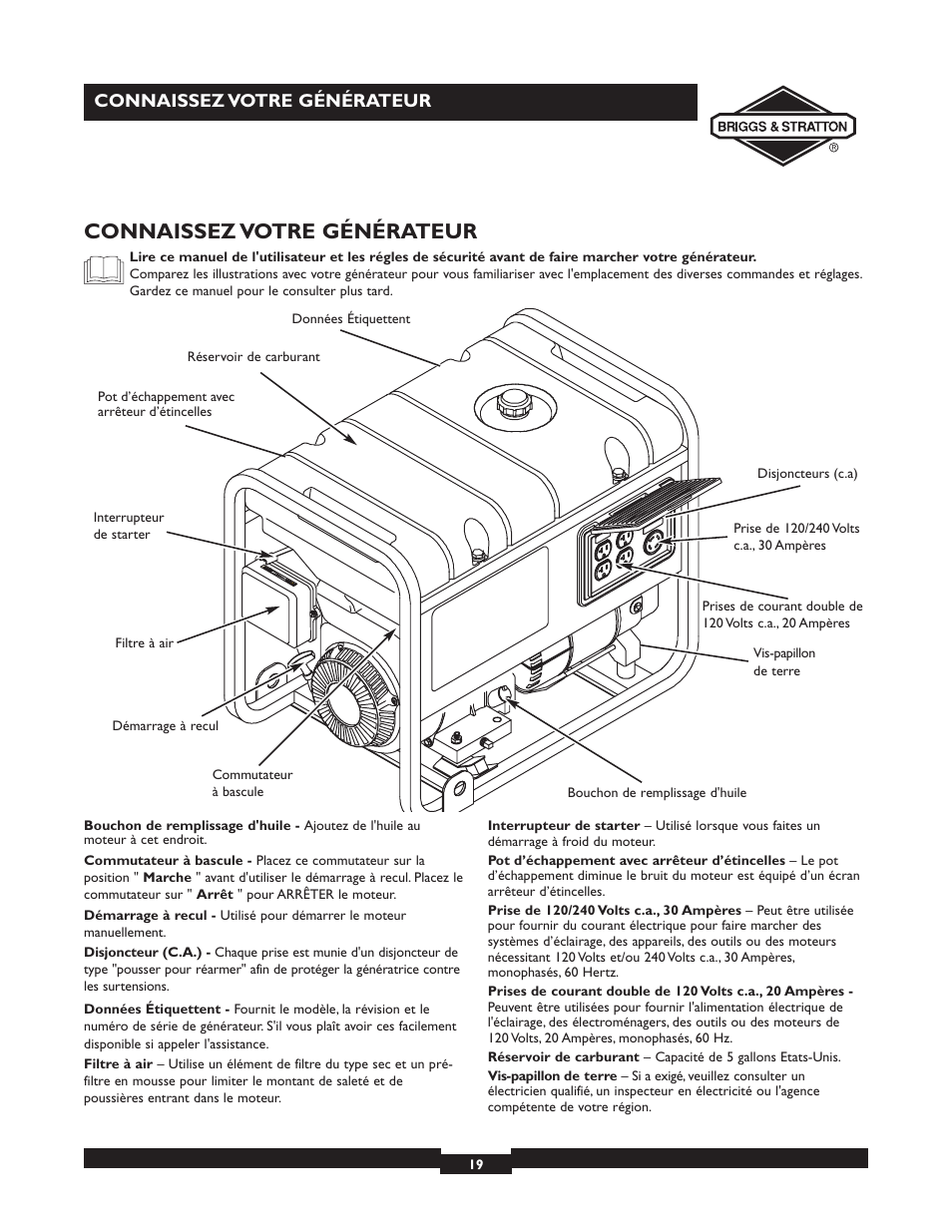 Connaissez votre générateur | Briggs & Stratton 30246 User Manual | Page 19 / 44