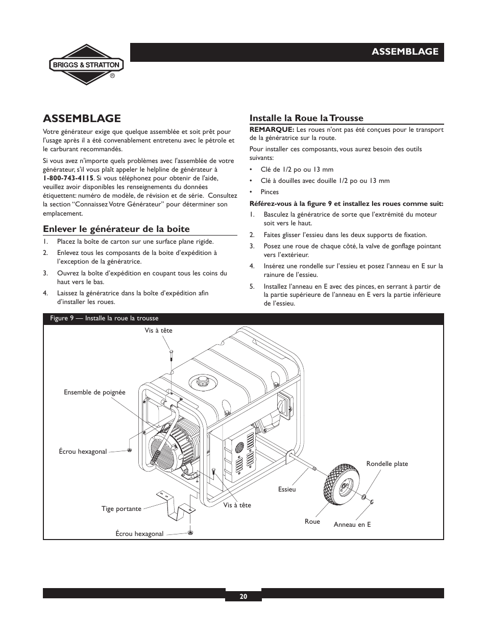 Assemblage, Enlever le générateur de la boite, Installe la roue la trousse | Briggs & Stratton 30246 User Manual | Page 20 / 44