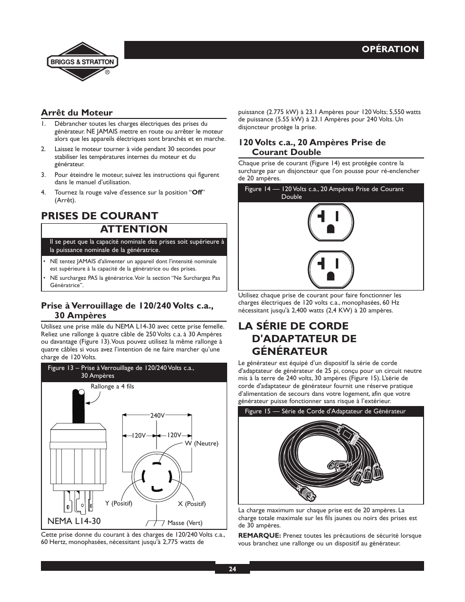 Prises de courant, La série de corde d'adaptateur de générateur, Attention | Briggs & Stratton 30246 User Manual | Page 24 / 44