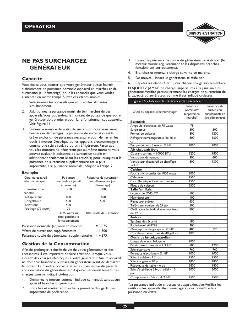 Ne pas surchargez générateur, Opération, Capacité | Gestion de la consommation | Briggs & Stratton 30246 User Manual | Page 25 / 44