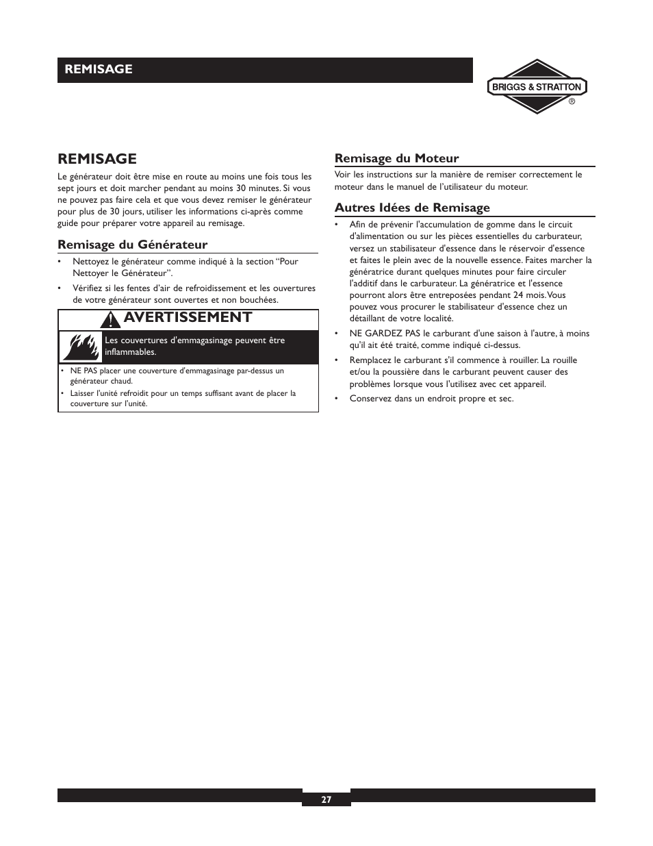 Remisage, Avertissement | Briggs & Stratton 30246 User Manual | Page 27 / 44