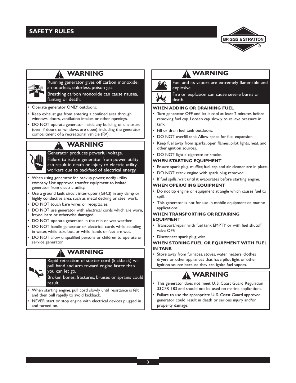 Warning | Briggs & Stratton 30246 User Manual | Page 3 / 44