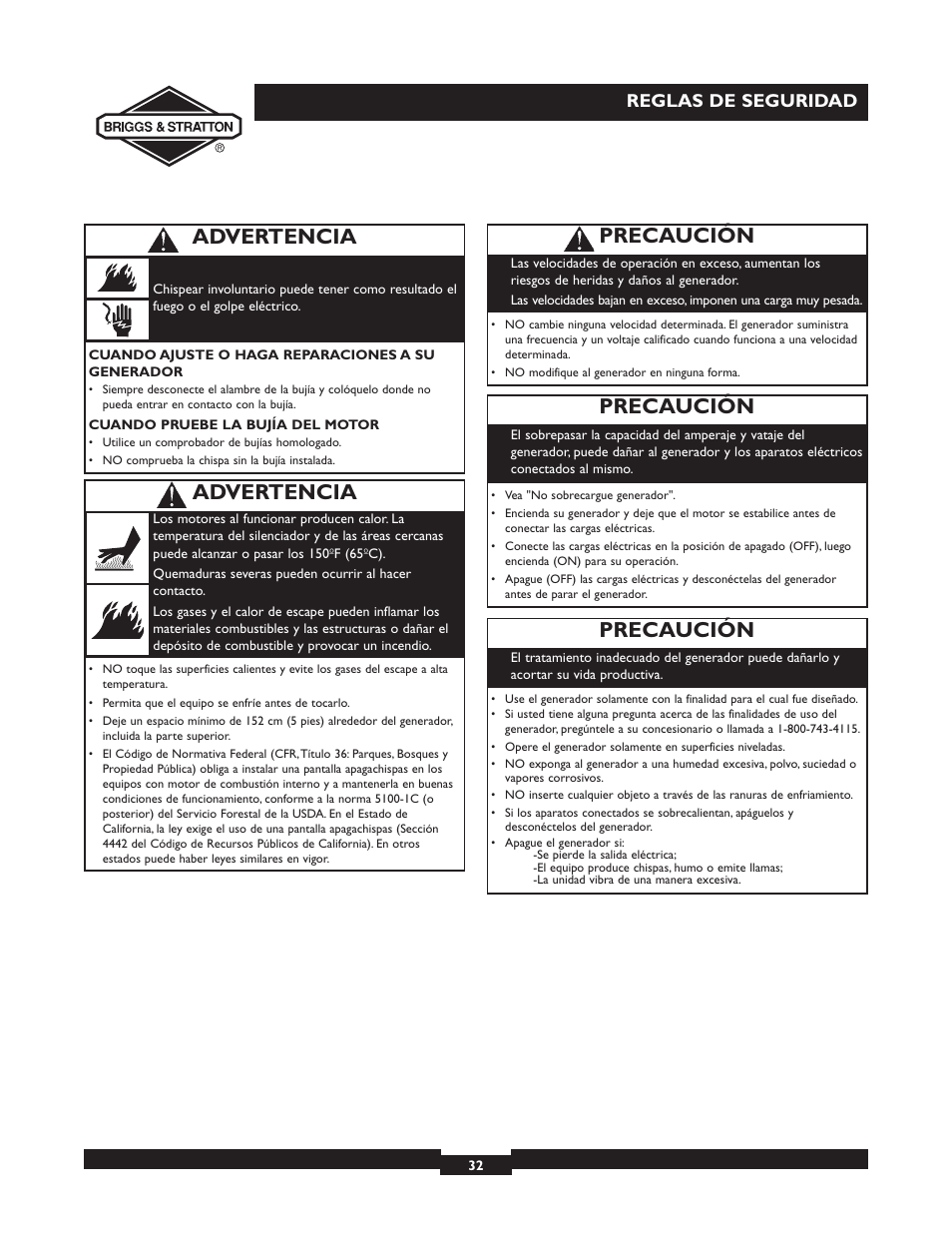 Precaución, Advertencia, Reglas de seguridad | Briggs & Stratton 30246 User Manual | Page 32 / 44