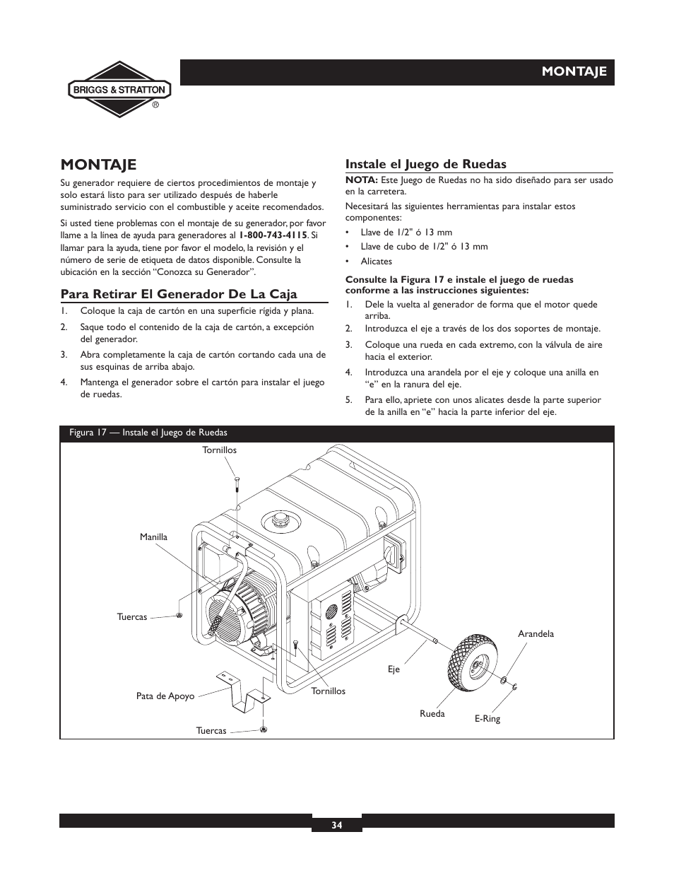 Montaje, Para retirar el generador de la caja, Instale el juego de ruedas | Briggs & Stratton 30246 User Manual | Page 34 / 44