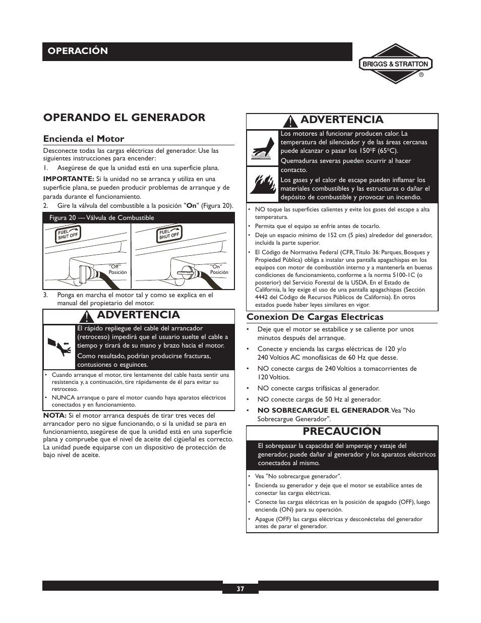 Operando el generador, Precaución, Advertencia | Operación, Encienda el motor, Conexion de cargas electricas | Briggs & Stratton 30246 User Manual | Page 37 / 44
