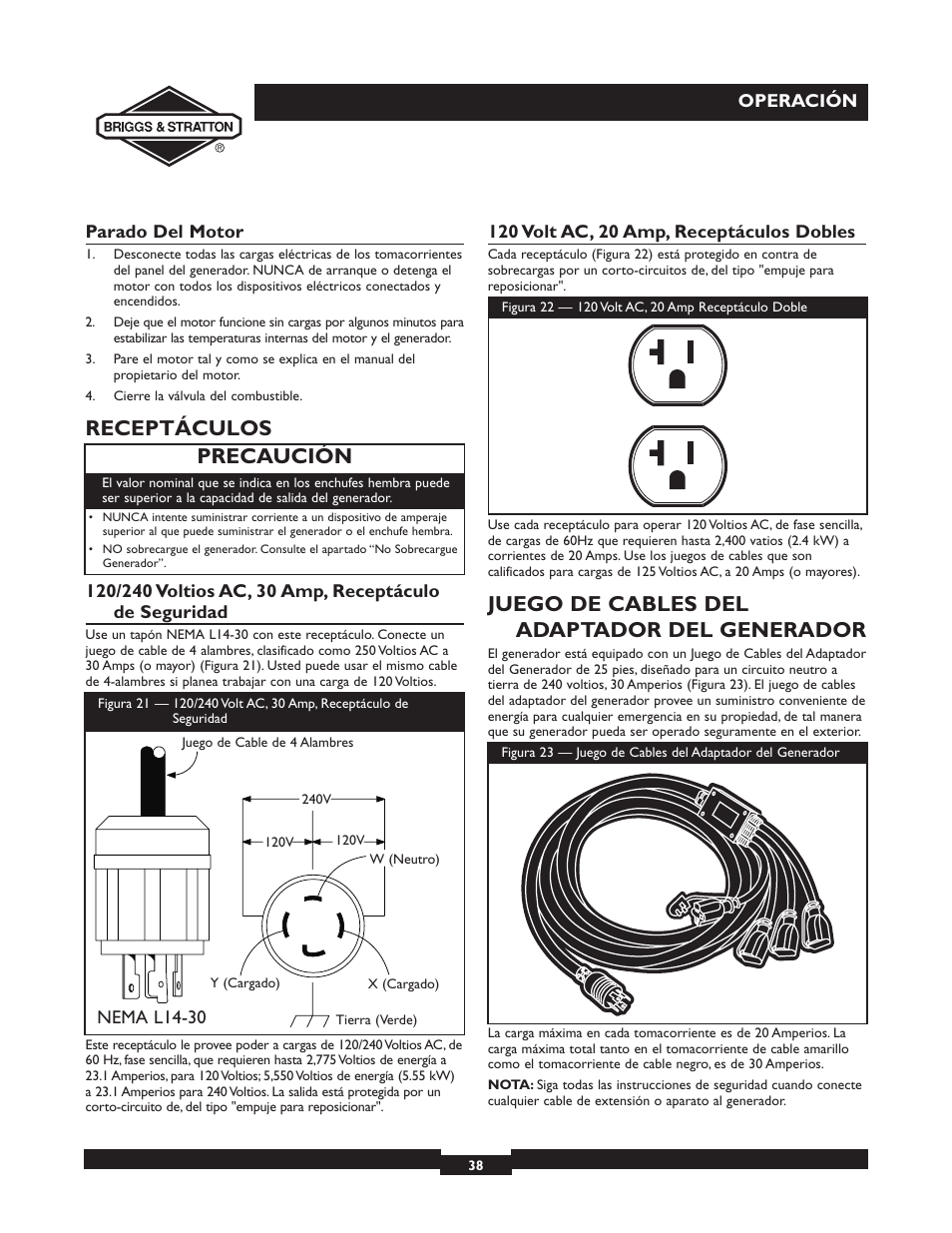 Receptáculos, Juego de cables del adaptador del generador, Precaución | Briggs & Stratton 30246 User Manual | Page 38 / 44