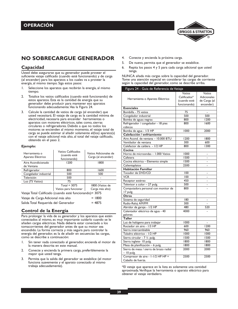 No sobrecargue generador, Operación, Capacidad | Control de la energía | Briggs & Stratton 30246 User Manual | Page 39 / 44