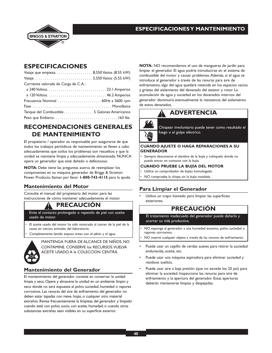 Especificaciones, Recomendaciones generales de mantenimiento, Precaución | Advertencia | Briggs & Stratton 30246 User Manual | Page 40 / 44