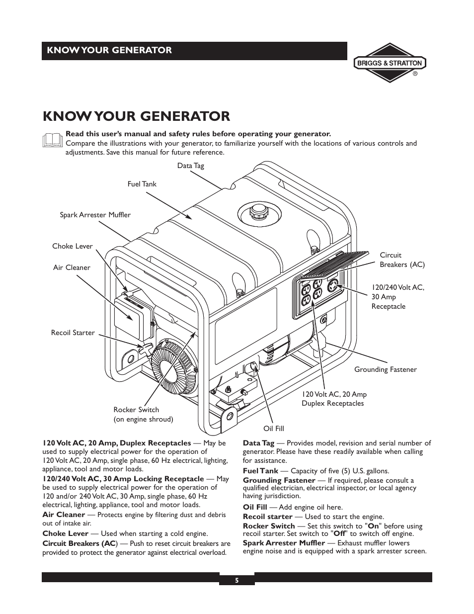 Know your generator | Briggs & Stratton 30246 User Manual | Page 5 / 44