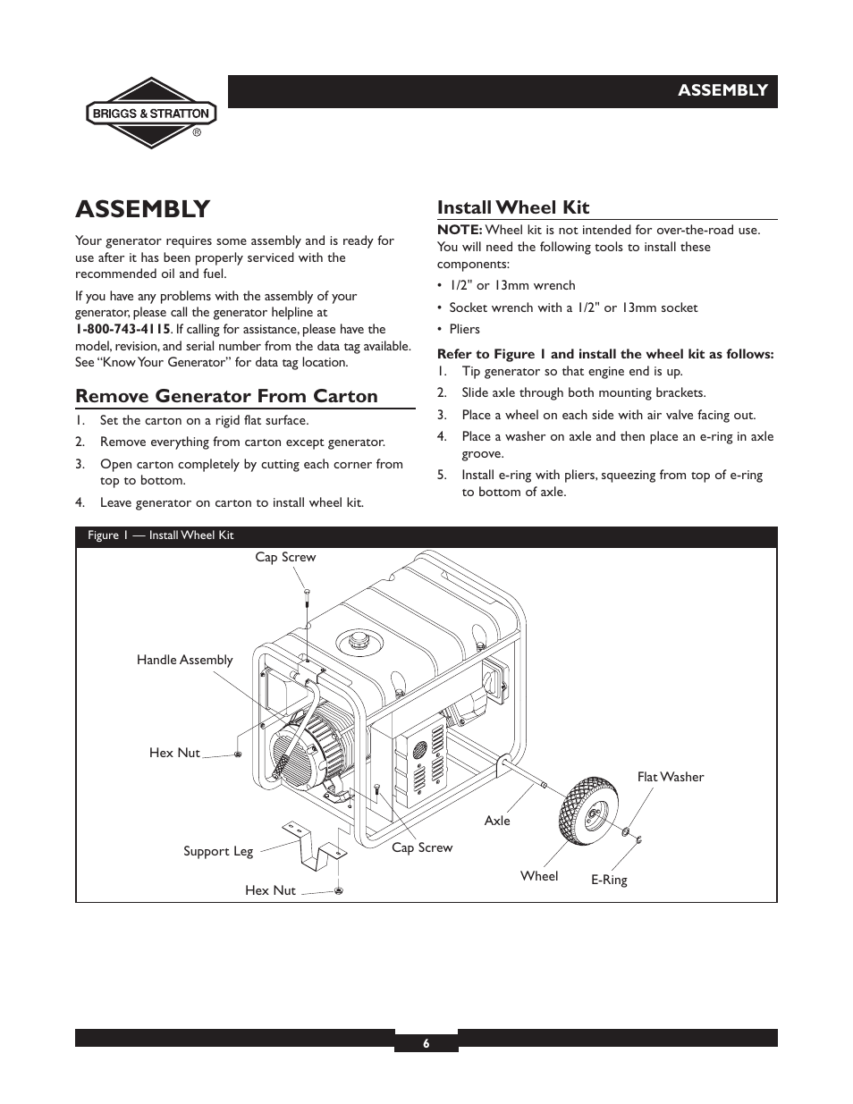 Assembly, Remove generator from carton, Install wheel kit | Briggs & Stratton 30246 User Manual | Page 6 / 44