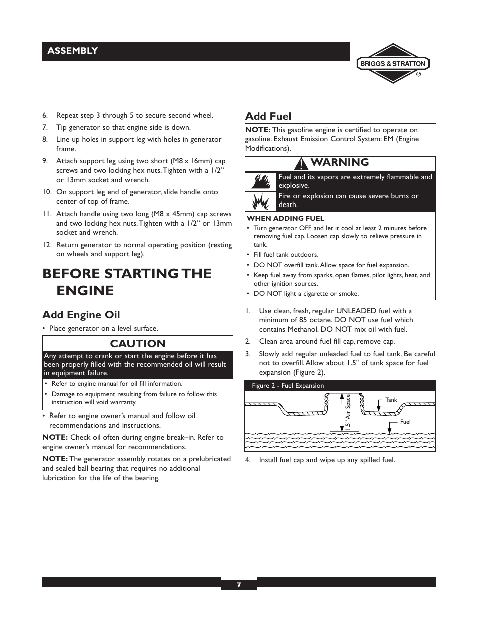 Before starting the engine, Add engine oil, Add fuel | Caution, Warning | Briggs & Stratton 30246 User Manual | Page 7 / 44