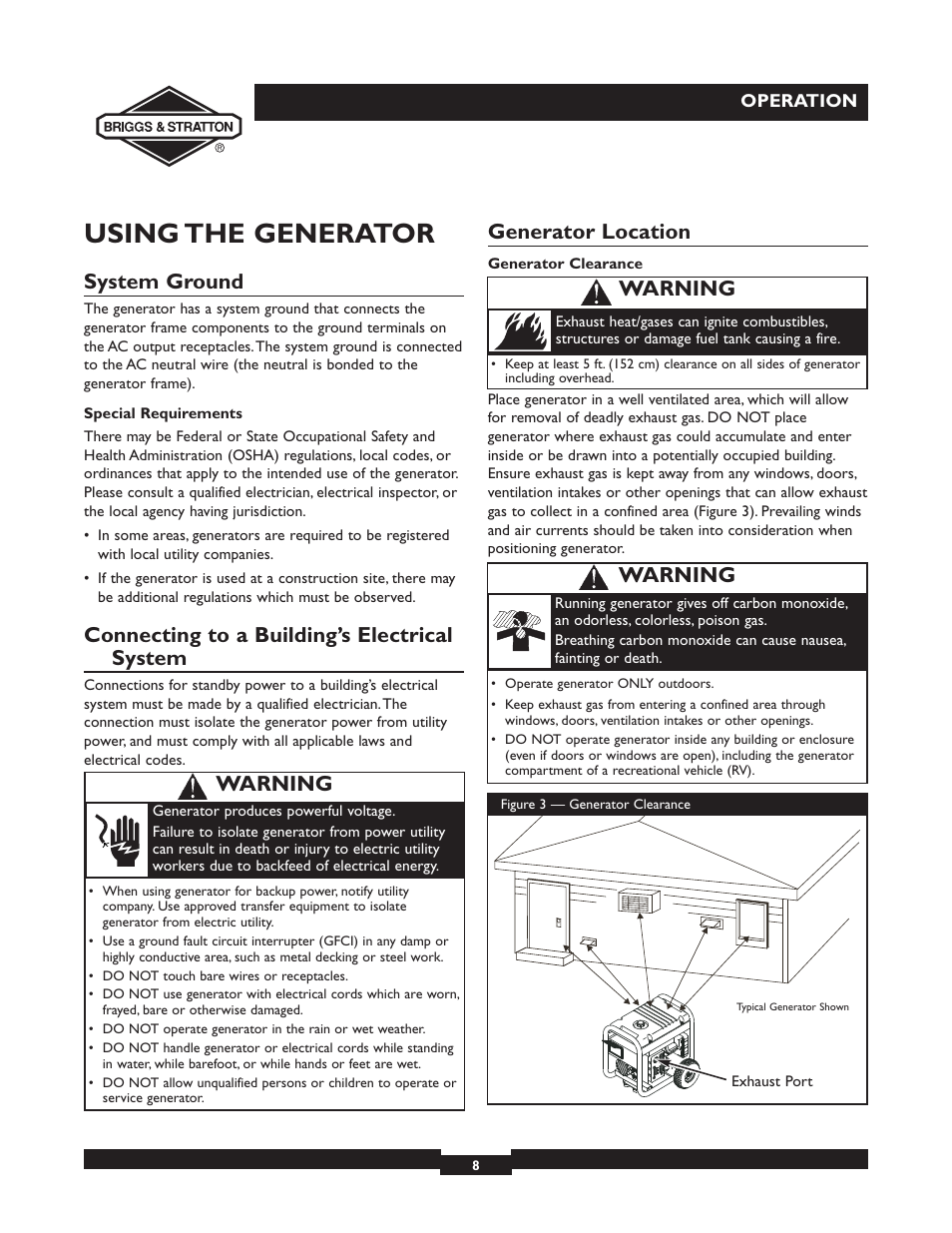 Using the generator, System ground, Connecting to a building’s electrical system | Generator location, Warning | Briggs & Stratton 30246 User Manual | Page 8 / 44