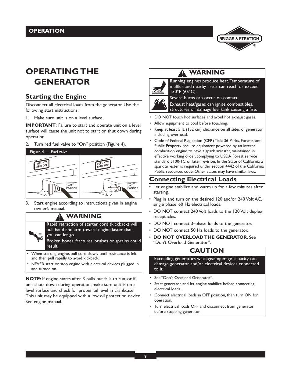 Operating the generator, Starting the engine, Connecting electrical loads | Caution, Warning | Briggs & Stratton 30246 User Manual | Page 9 / 44