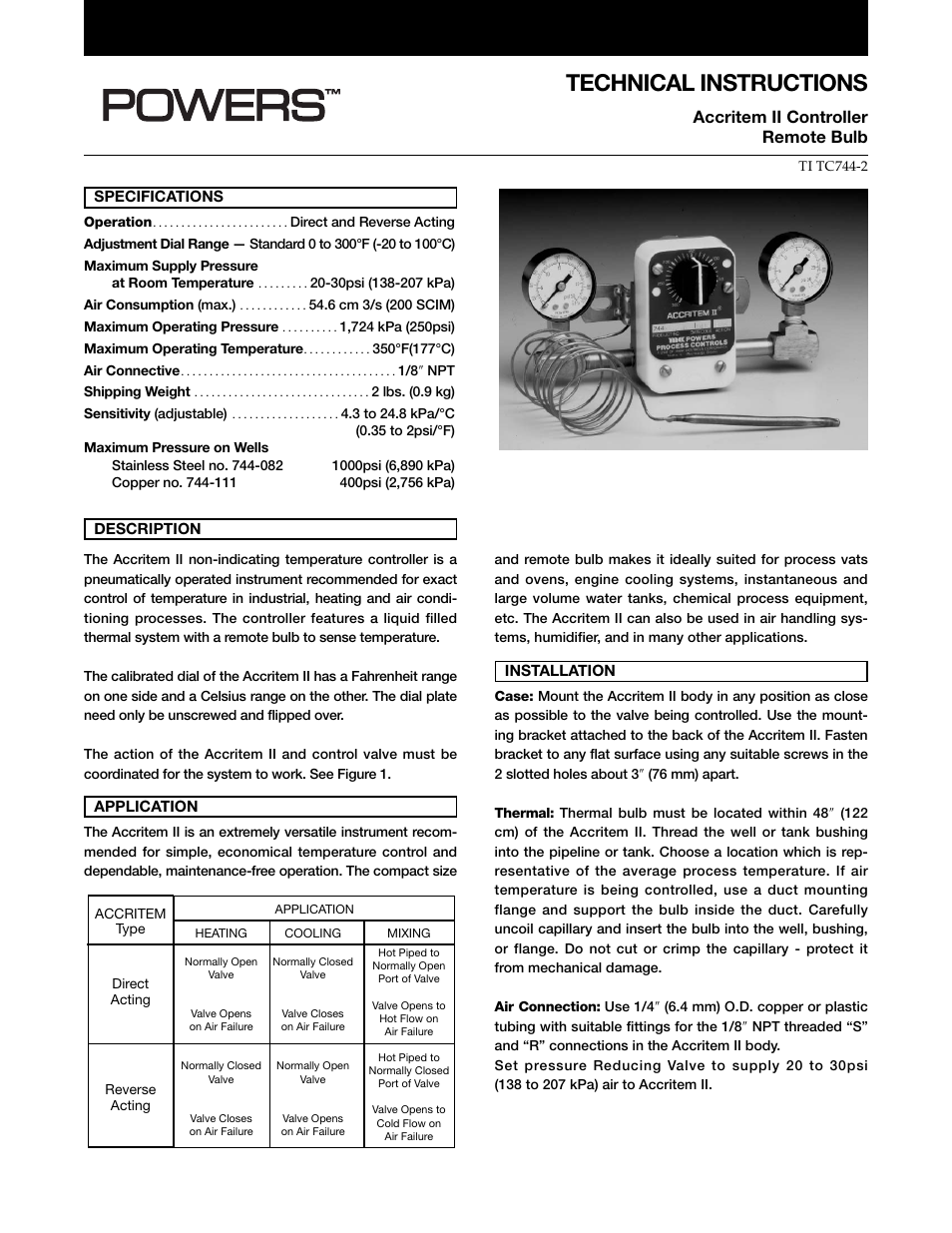 Powers 744 Series Accritem Rigid and Remote Bulb Blind Controllers - Remote Bulb User Manual | 4 pages
