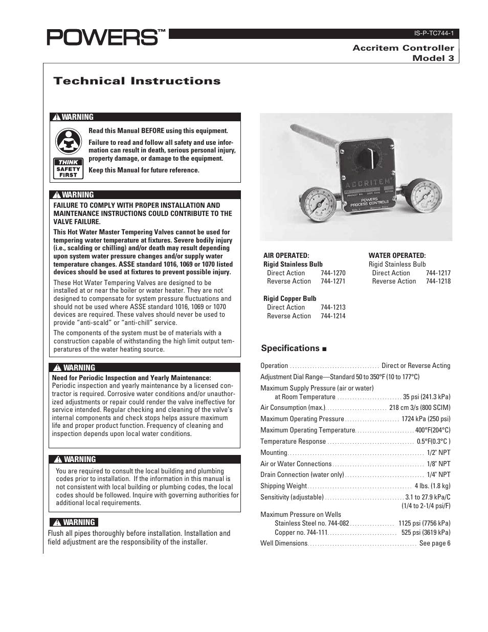 Powers 744 Series Accritem Rigid and Remote Bulb Blind Controllers - Rigid Bulb User Manual | 8 pages