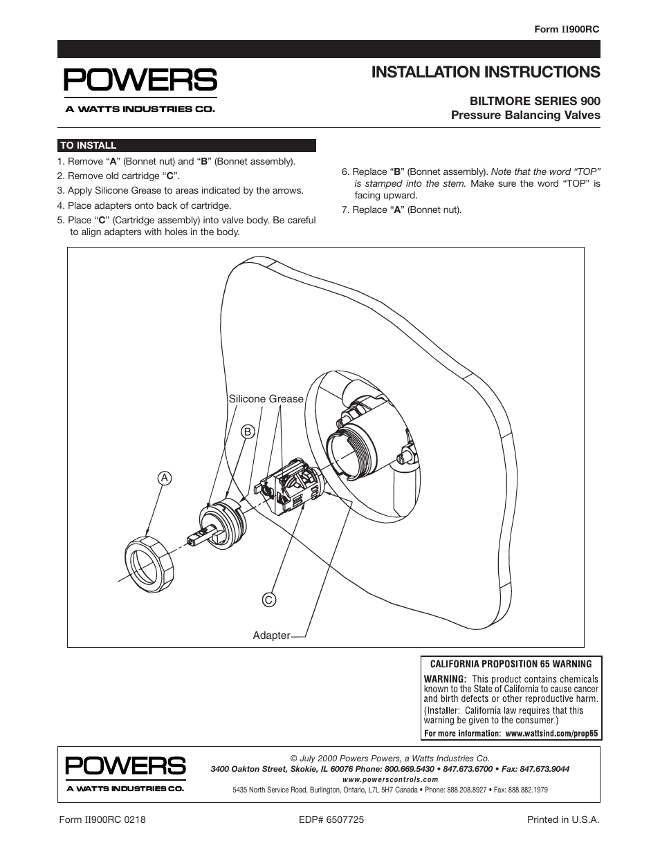 Powers 900 Series Biltmore Series Pressure Balancing Mixing Valves - Retrofit User Manual | 1 page