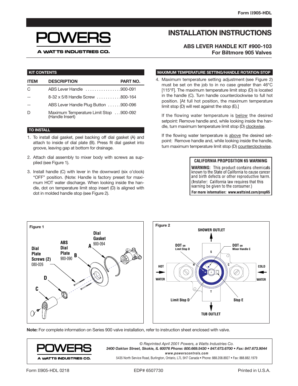 Powers 900 Series Biltmore Series Pressure Balancing Mixing Valves - 905 Handle User Manual | 1 page