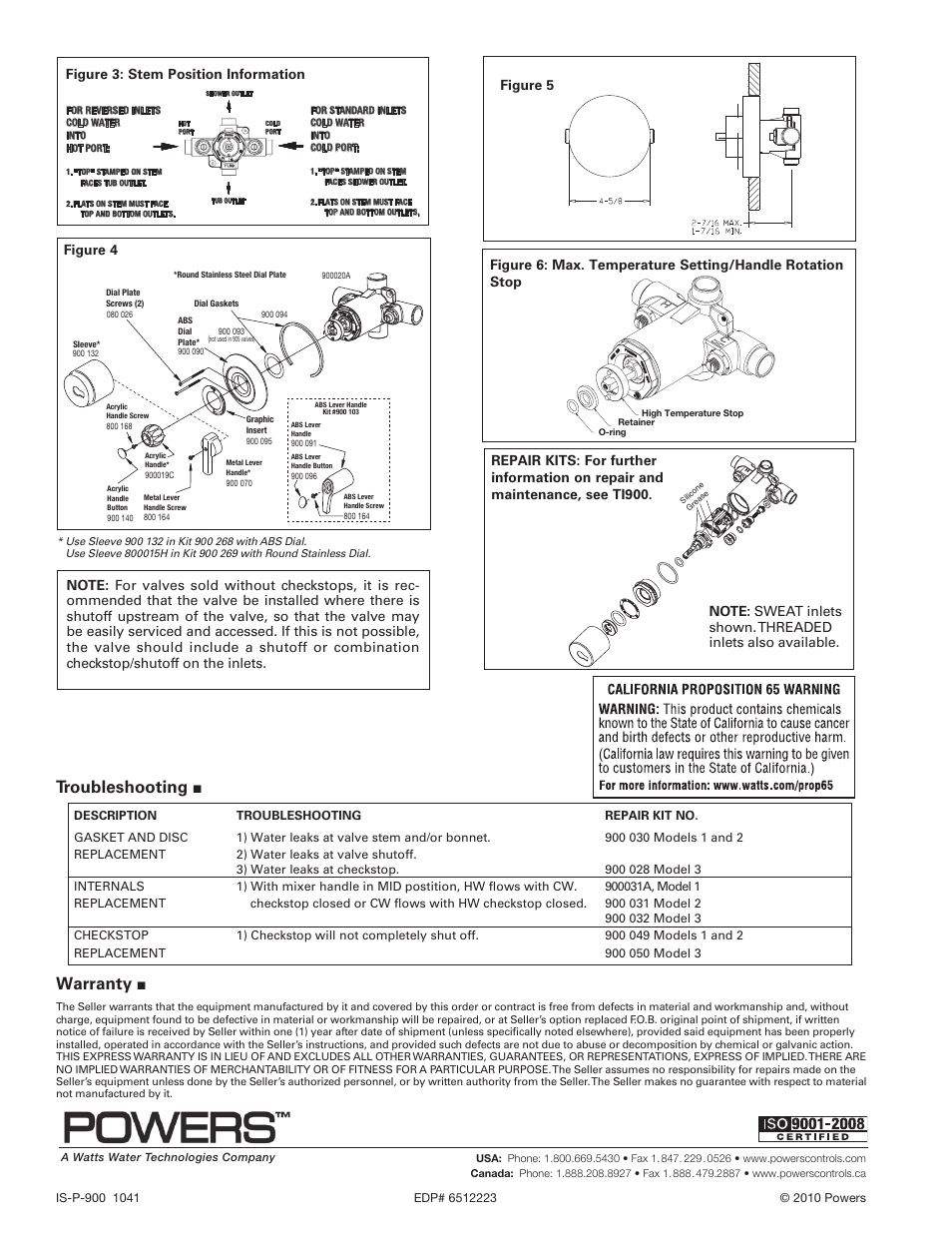 Warranty, Troubleshooting, Figure 3: stem position information power s | Figure 5 | Powers 900 Series Biltmore Series Pressure Balancing Mixing Valves User Manual | Page 2 / 2