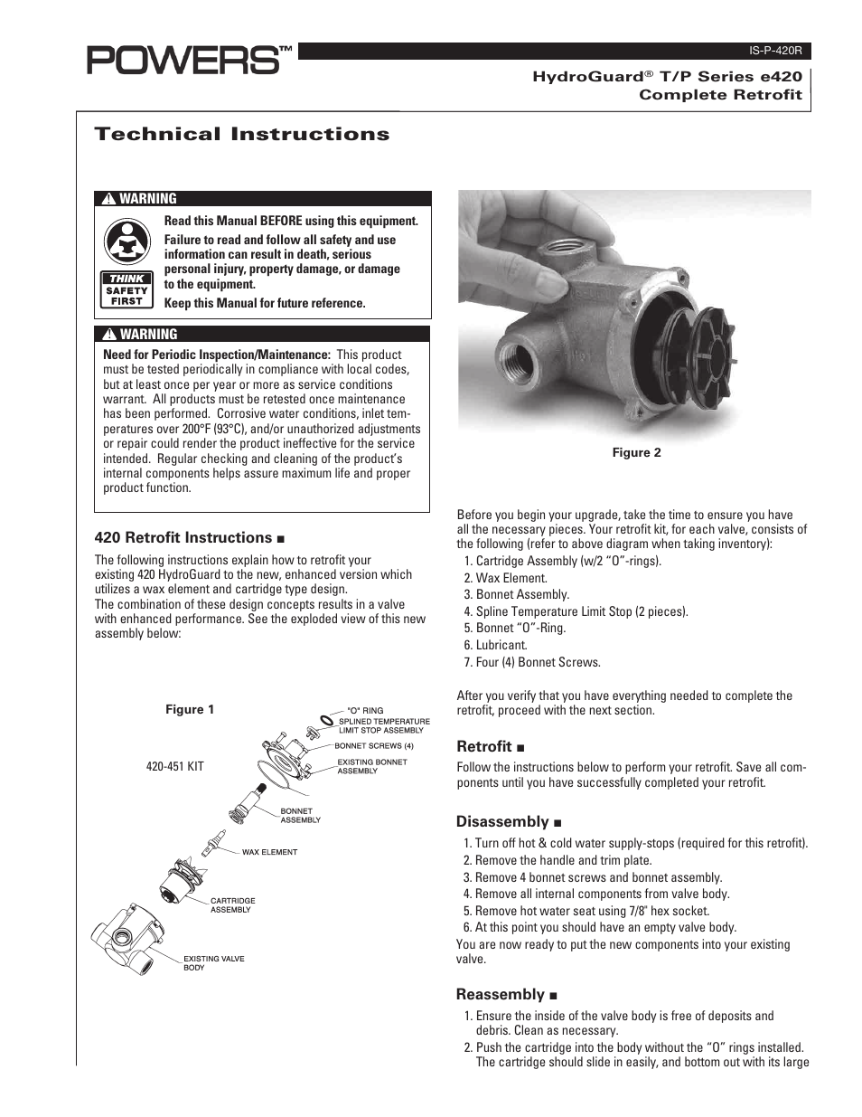 Powers e420 Series Combination T/P Tempering Valves - Cartridge (420-451) User Manual | 2 pages