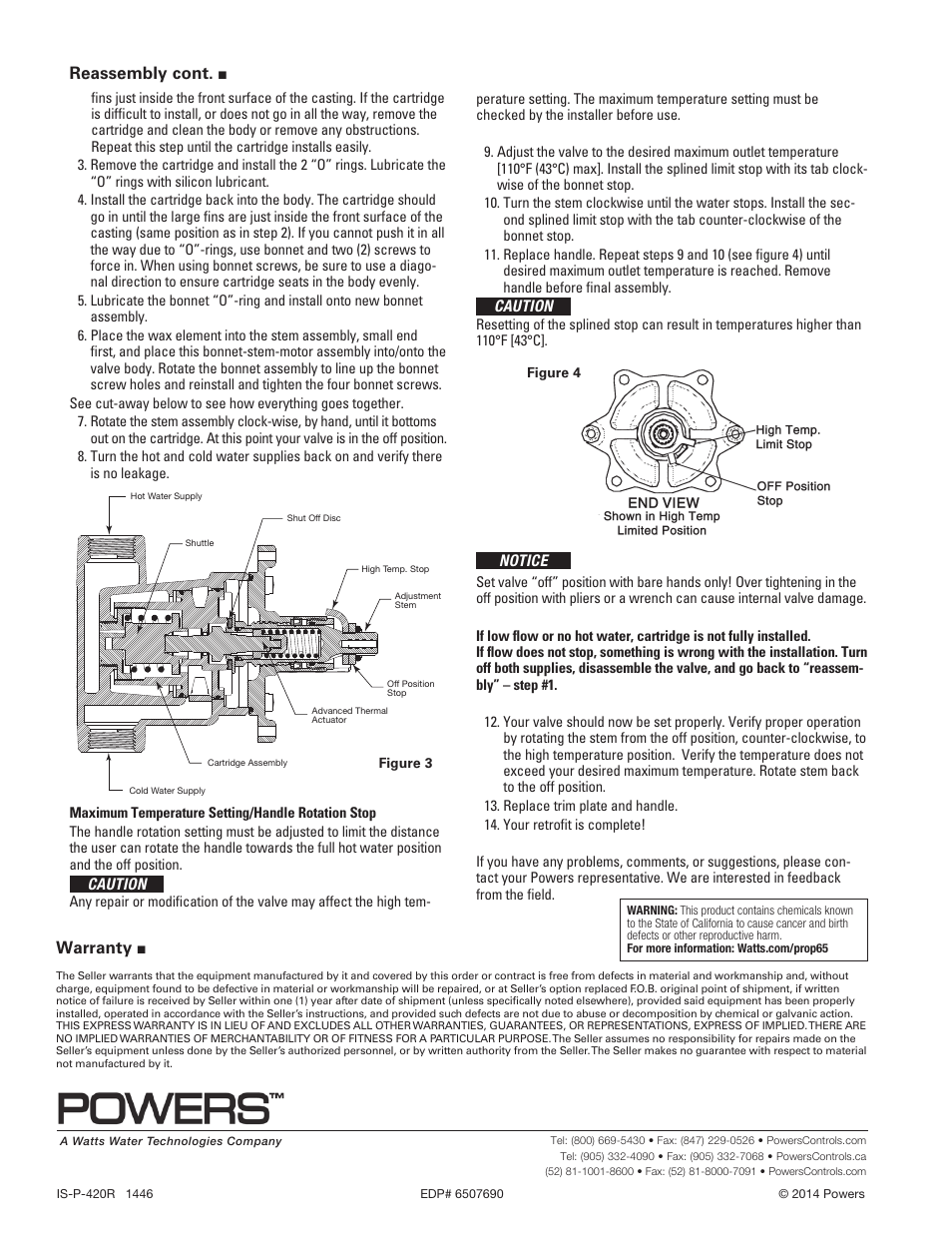 Warranty, Reassembly cont | Powers e420 Series Combination T/P Tempering Valves - Cartridge (420-451) User Manual | Page 2 / 2
