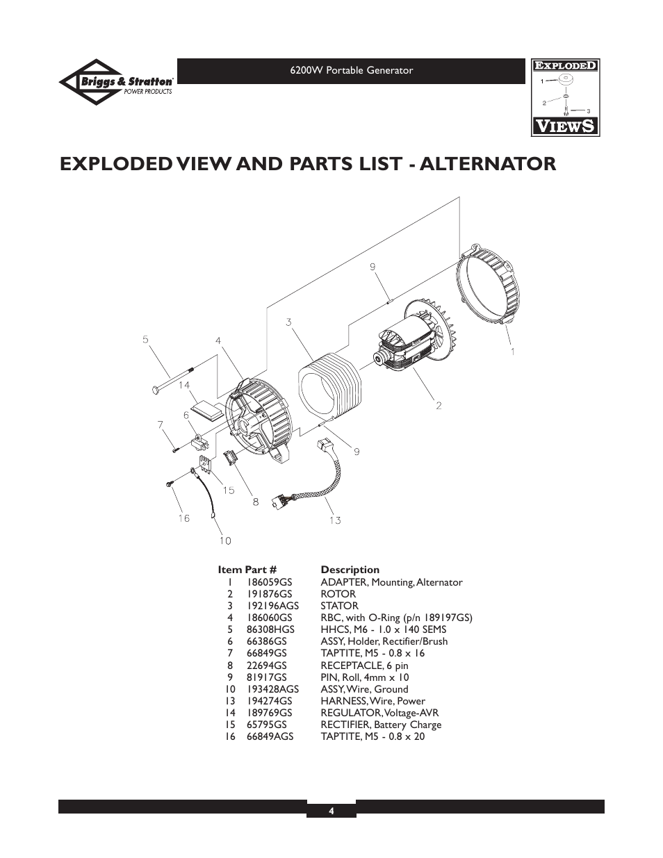 Exploded view and parts list - alternator | Briggs & Stratton Elite 030211 User Manual | Page 4 / 6