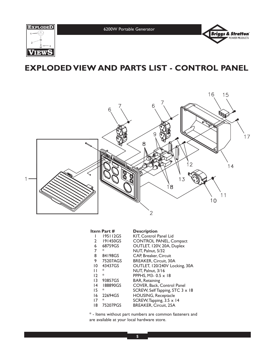 Exploded view and parts list - control panel | Briggs & Stratton Elite 030211 User Manual | Page 5 / 6