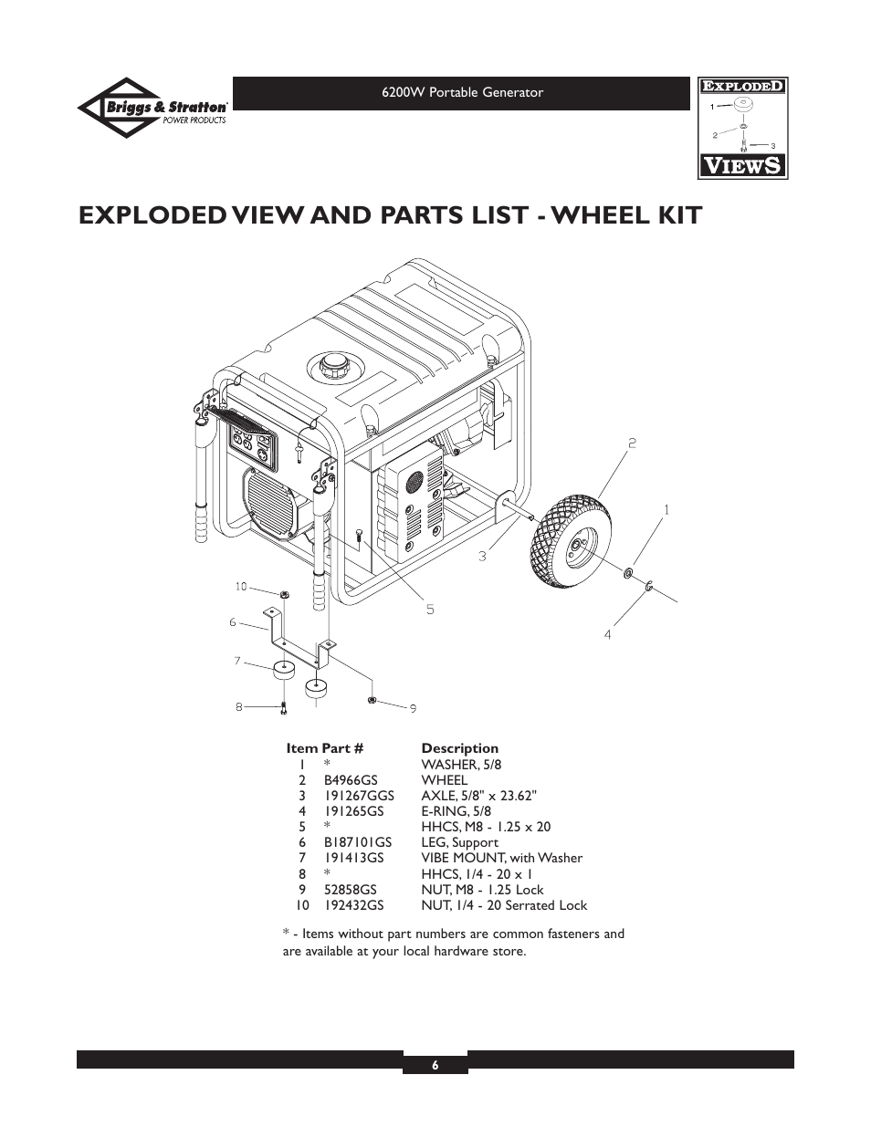 Exploded view and parts list - wheel kit | Briggs & Stratton Elite 030211 User Manual | Page 6 / 6